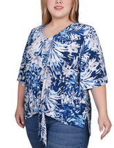 Plus Size Elbow Sleeve Tie-Front Top
